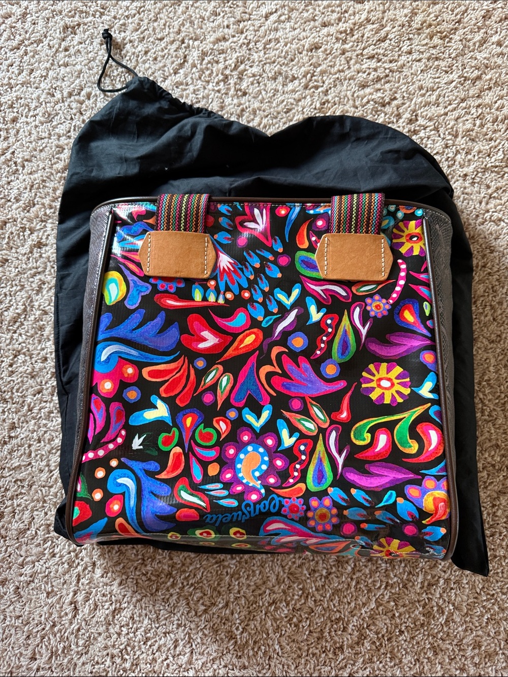 Consuela Black Multicolor Paisley Floral Tote with Striped Handles